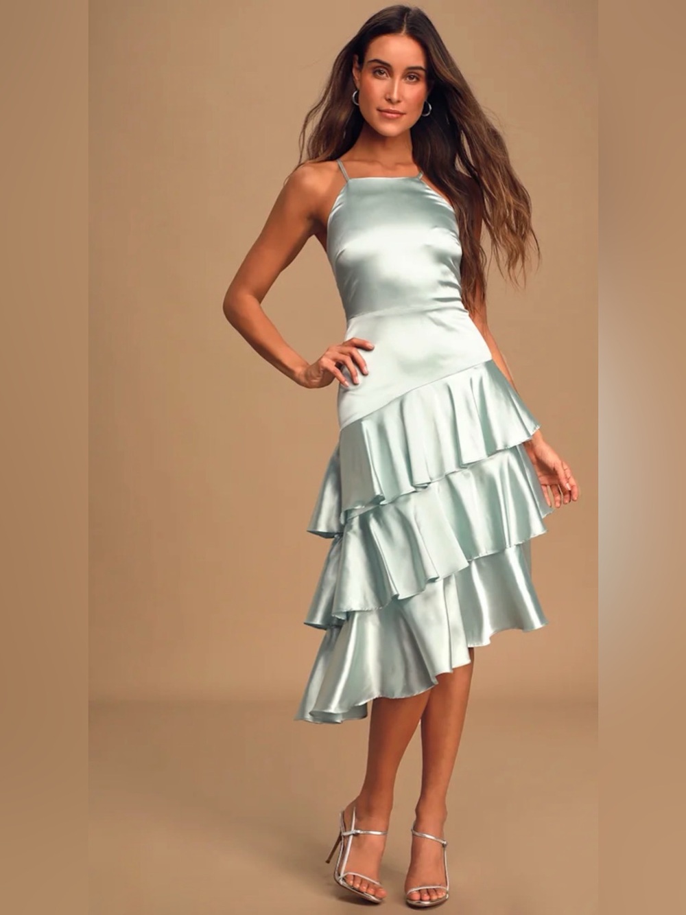 Lulus Mint Blue Satin Tiered Asymmetrical Midi Dress